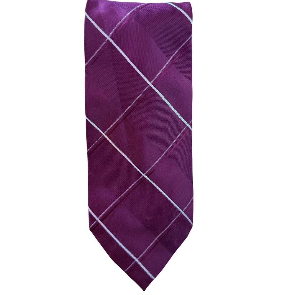 Kenneth Cole New York Men Silk Plaid Tie Hand Made Burgundy White Office Career
